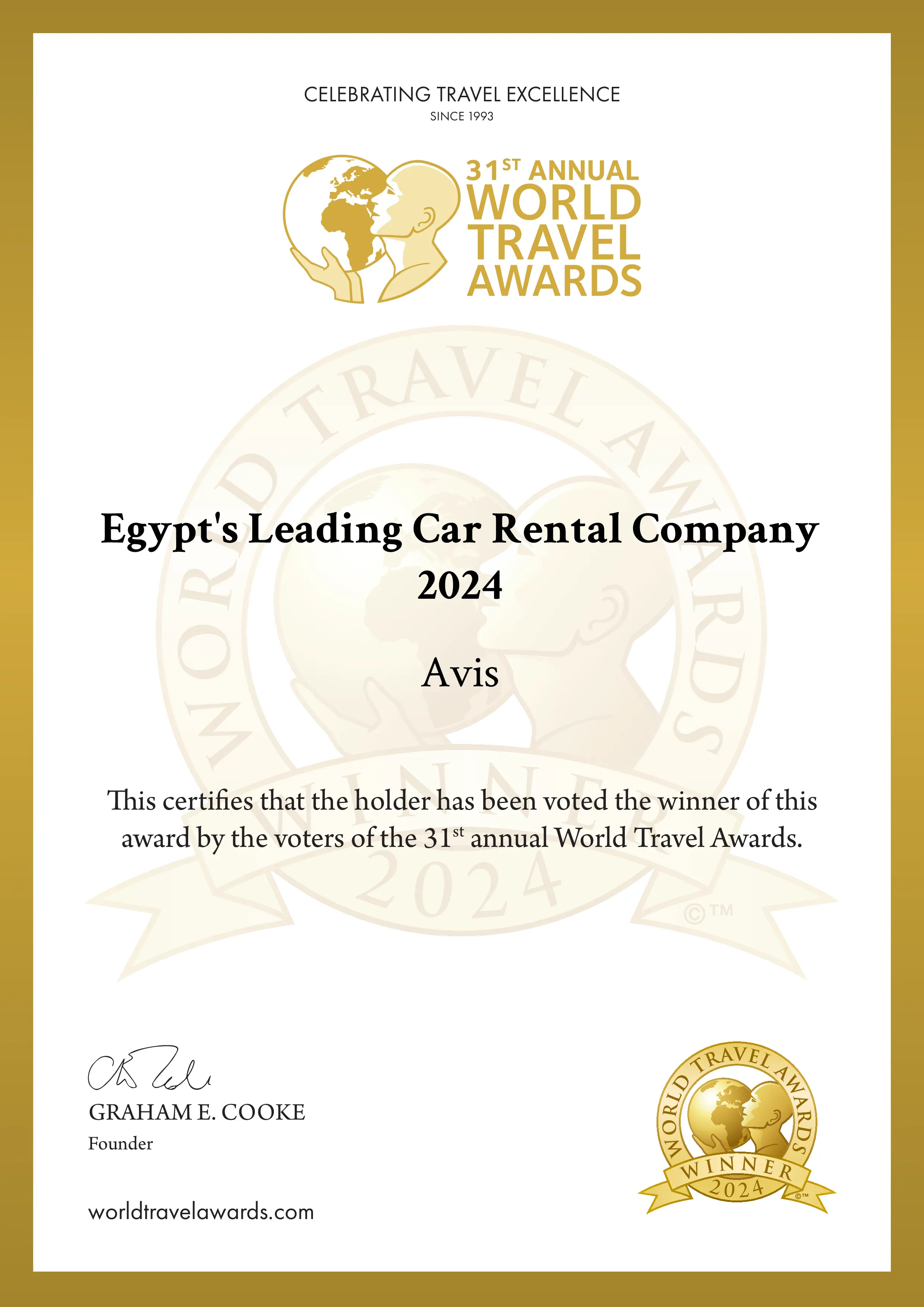 egypts leading car rental company 2024 winner certificate avis